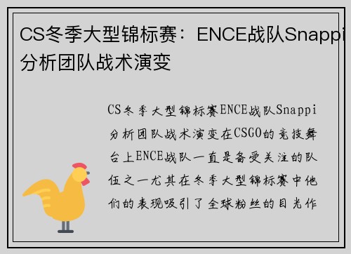CS冬季大型锦标赛：ENCE战队Snappi分析团队战术演变