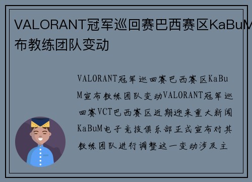 VALORANT冠军巡回赛巴西赛区KaBuM宣布教练团队变动