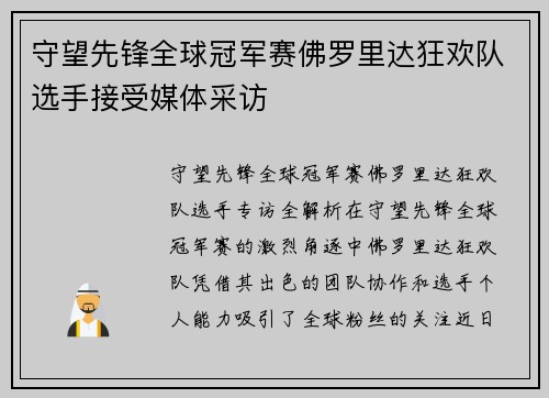守望先锋全球冠军赛佛罗里达狂欢队选手接受媒体采访