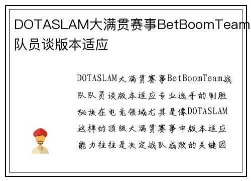 DOTASLAM大满贯赛事BetBoomTeam战队队员谈版本适应