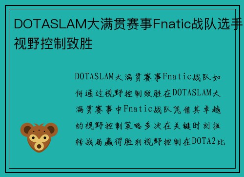 DOTASLAM大满贯赛事Fnatic战队选手视野控制致胜